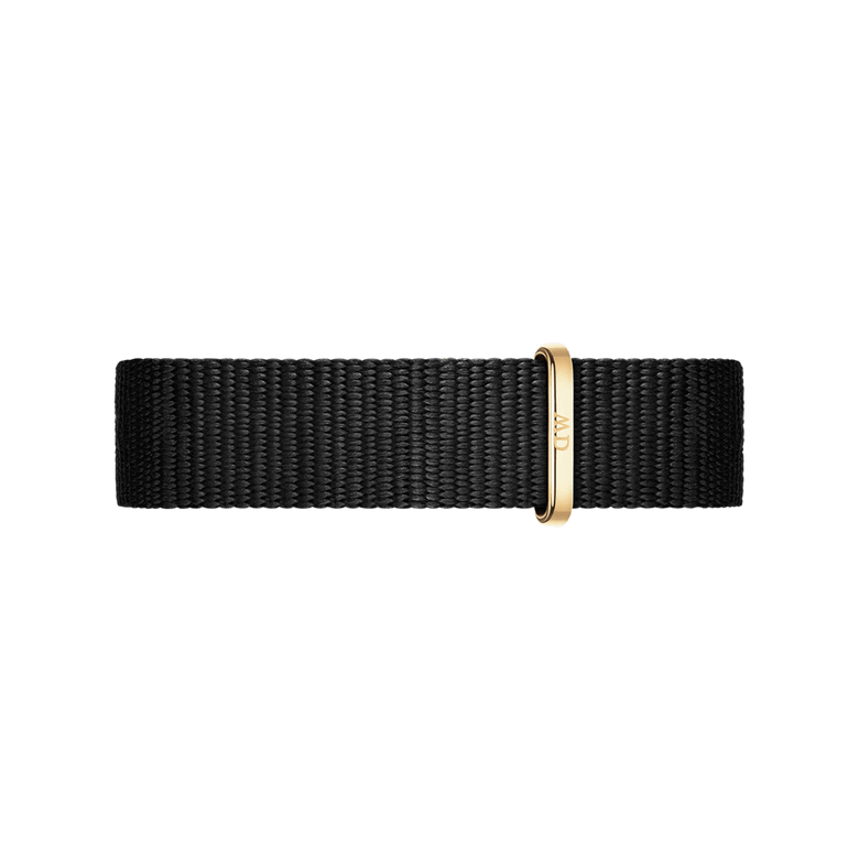 Cornwall Strap Gold showcases a black polyester NATO watch strap with a sleek gold buckle, offering a minimalist and versatile style suitable for both casual and formal wear.