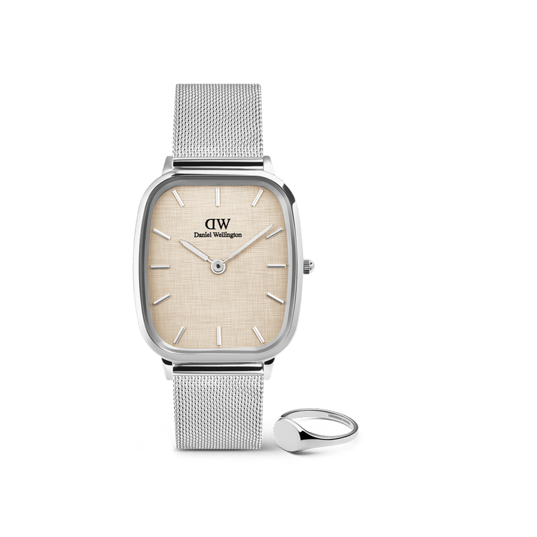 Silver mesh strap watch with a square yellow dial and a polished silver signet ring, both from the Marlon & Classic Mini Signet Ring Silver Set, styled for men seeking minimalist and versatile jewellery.