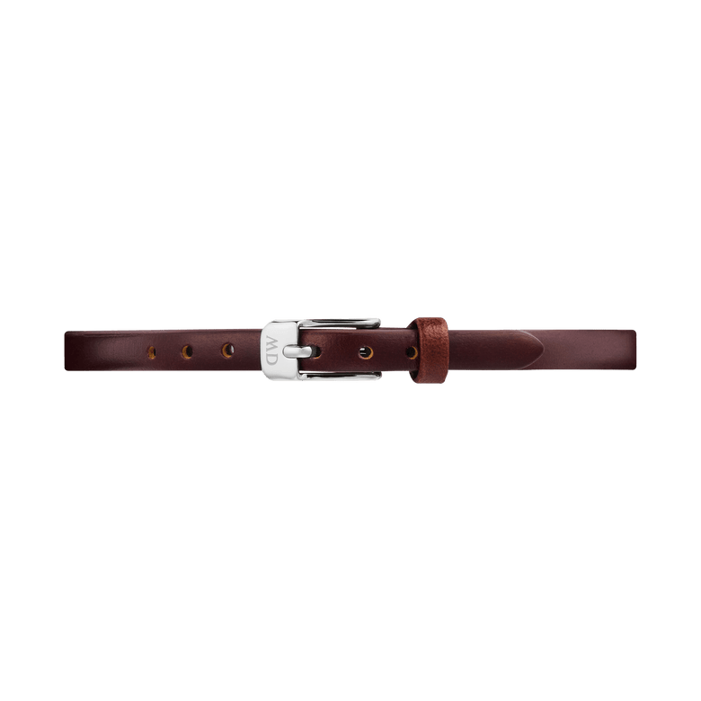 Brown genuine leather Pressed St Mawes Strap Silver with a polished silver pin buckle, featuring a slim 6mm profile suitable for petite ladies watches.
