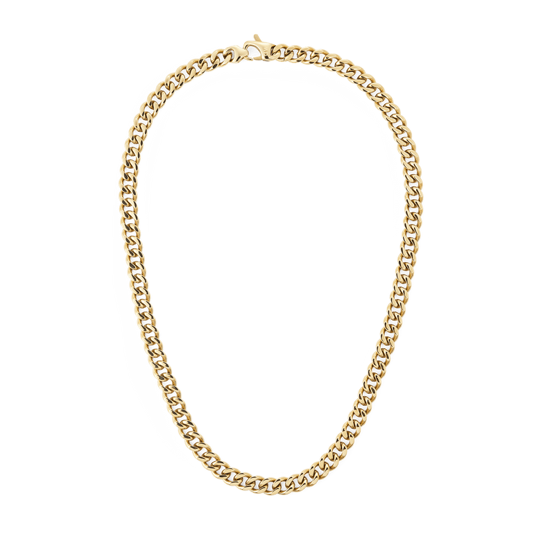 Chunky gold Cuban chain necklace with a polished finish and secure lobster clasp, designed in a classic style and suitable for both men and women.
