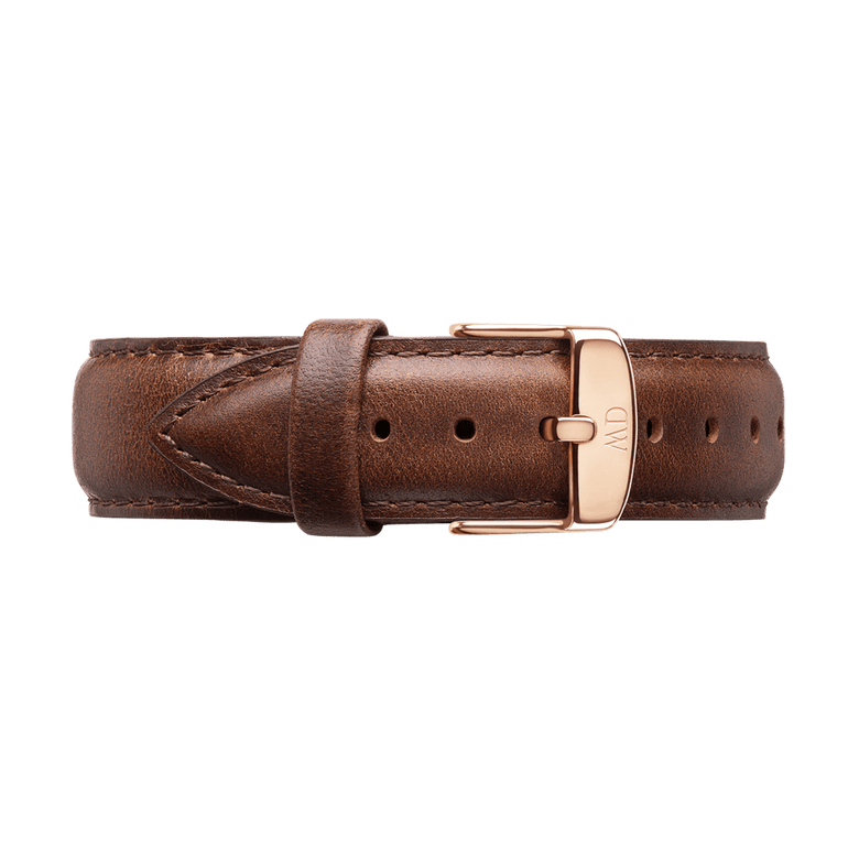 Classic Bristol Strap Rose Gold in brown genuine leather with neat stitching and a rose gold buckle, designed to fit a variety of watch sizes for a sophisticated finish.