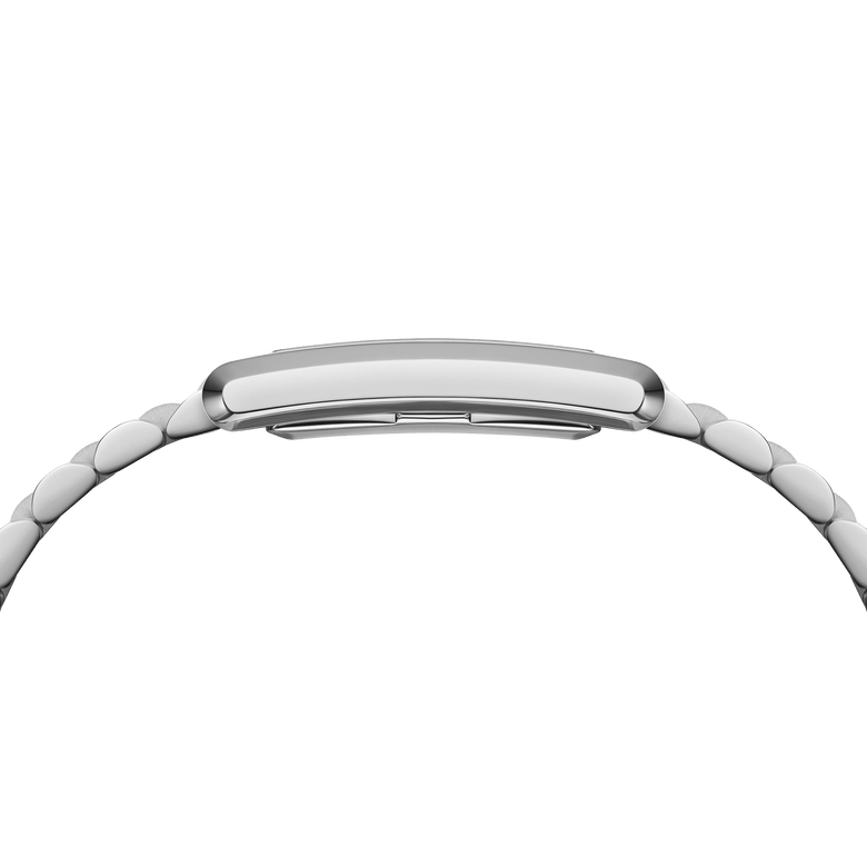 Bound 3-Link Silver watch shown from the side, highlighting its slim rectangular case and streamlined stainless steel bracelet for a comfortable fit.