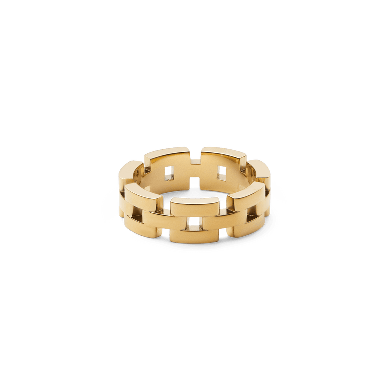 Gold 3-Link Ring featuring bold geometric links and a polished finish, inspired by classic watch straps for a modern yet timeless look.
