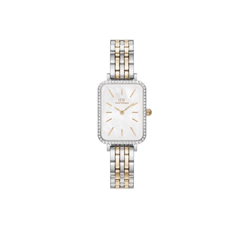 Quadro Lumine Bezel 5-Link Two-Tone MOP ladies watch with a rectangular mother of pearl dial, crystal-set bezel, and a five-link bracelet in polished stainless steel and gold accents.