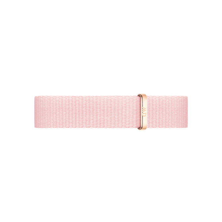 Rosewater Strap Rose Gold features a soft pink recycled polyester NATO style watch strap with a rose gold buckle, offering a modern and elegant look for Daniel Wellington watches.