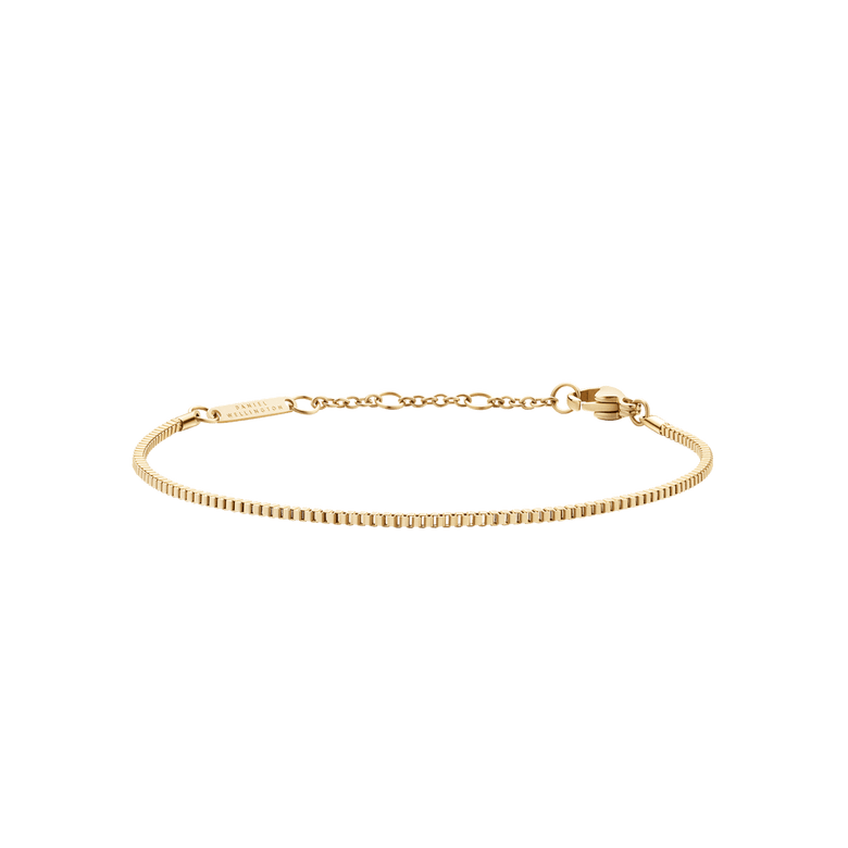 Slim gold box chain bracelet with adjustable clasp, crafted from stainless steel and gold PVD plating, featuring a refined and modern design suitable for layering or wearing alone.