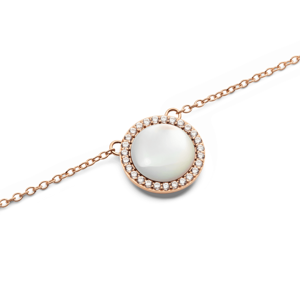 Close-up of the Audrey Necklace Mother of Pearl Rose Gold pendant, showcasing a domed mother of pearl centre surrounded by a halo of sparkling white cubic zirconia crystals on a rose gold chain.