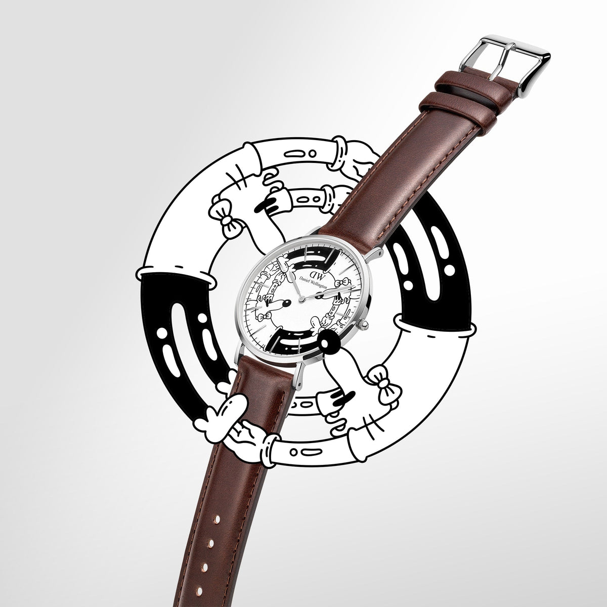 Steven Harrington x Daniel Wellington Bristol BW dial watch with a silver case, brown Italian leather strap, and bold black and white psychedelic artwork on the dial, displayed against a matching illustrated background.