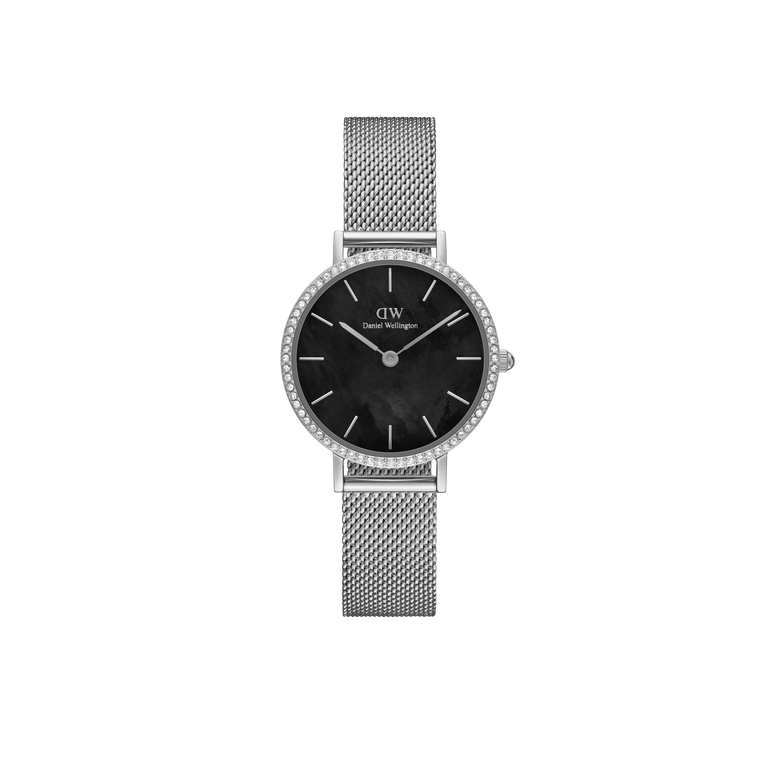 Silver ladies watch with a slim mesh strap, crystal-set bezel, and black mother of pearl dial, featuring minimalist hour markers and a classic round case.