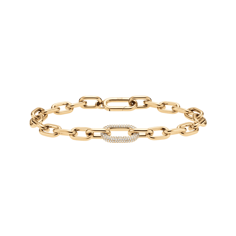 Crystal Link Bracelet Gold featuring chunky gold-plated links and a pavé crystal-embellished ring, designed for women and shown with a secure spring gate clasp.