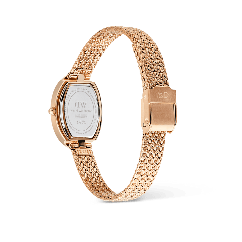 Juliette Braided Mesh White Sunray Rose Gold watch showing the back of the oval case, engraved details, and the adjustable braided rose gold mesh strap with fold-over clasp.