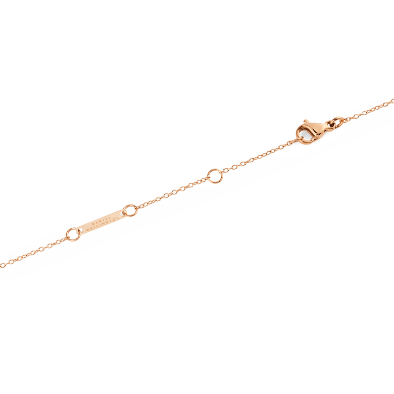 Close-up of the Mirelle Solitaire Necklace Rose Gold clasp and adjustable chain, showing the fine rose gold links and secure fastening with branded detailing.