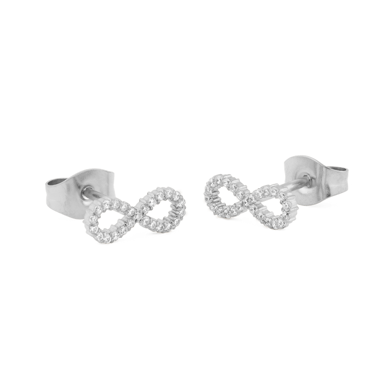 Mirelle Infinity Earring Silver stud earrings in polished stainless steel, each featuring a sparkling infinity symbol with white cubic zirconia crystals and secure stud closures.