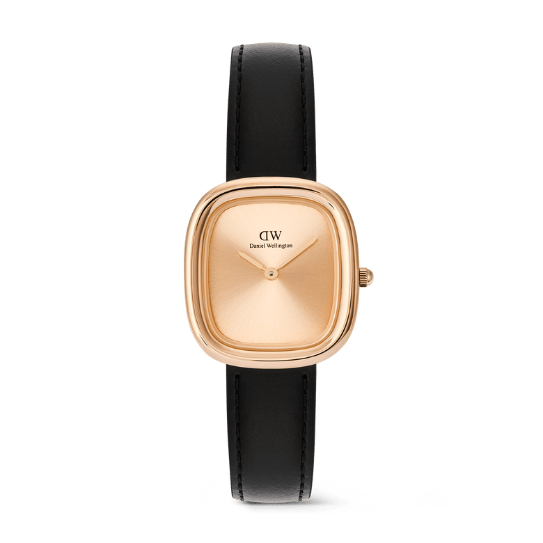 Margot Sheffield Unitone Sunray Rose Gold ladies watch featuring a cushion-shaped rose gold case, minimalist rose gold dial without indices, and a slim black leather strap with a polished pin buckle.
