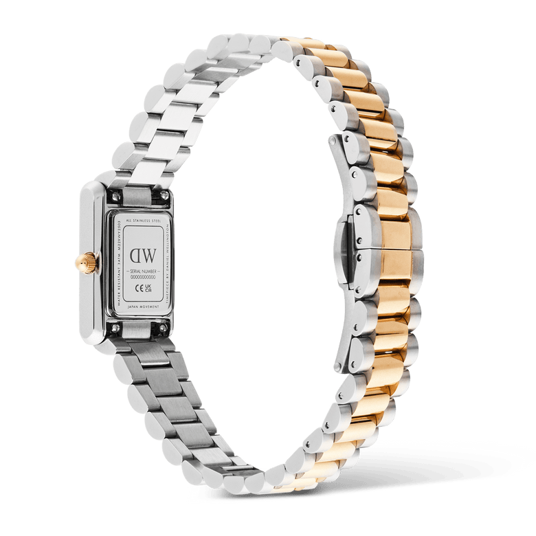 Rear view of the Daniel Wellington Bound Mini 3-Link Two Tone Rose Gold watch, showing the stainless steel case back, engraved details, and the polished silver and rose gold three-link bracelet with butterfly clasp.