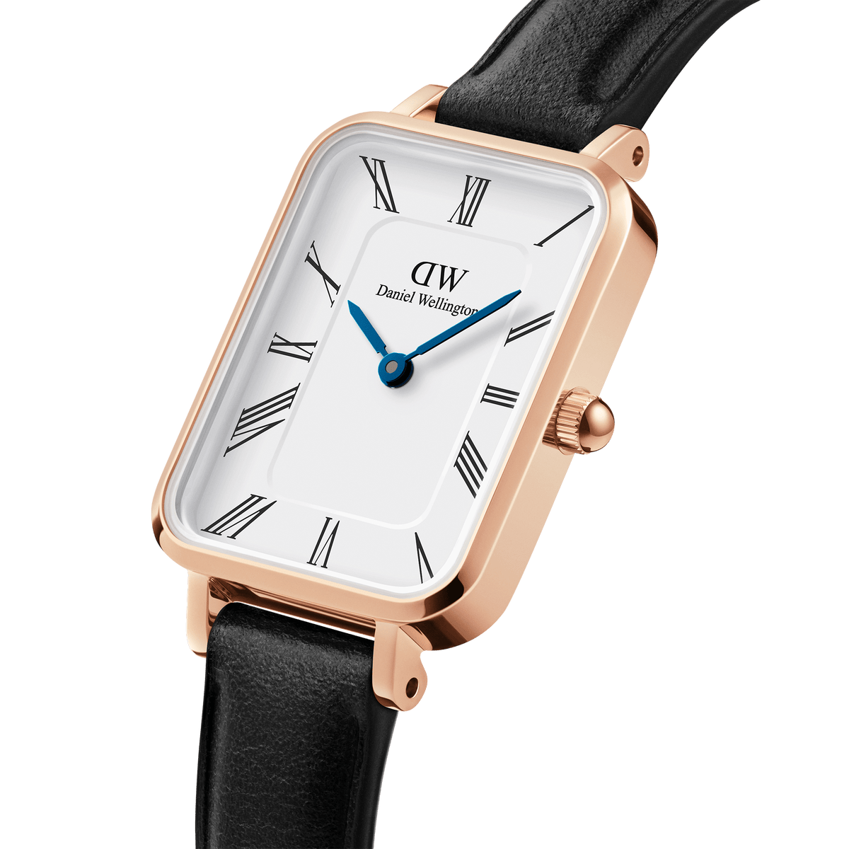 Quadro Roman Numerals Sheffield Rose Gold ladies watch featuring a rectangular rose gold case, crisp white dial with Roman numerals, blue steel hands, and a slim black leather strap.