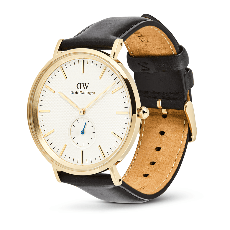 Classic Multi-Eye Sheffield Off-white Sunray Gold men's watch with a gold-plated stainless steel case, off-white sunray dial featuring a blue-tipped sub-second hand, and a black genuine leather strap with pin buckle closure.