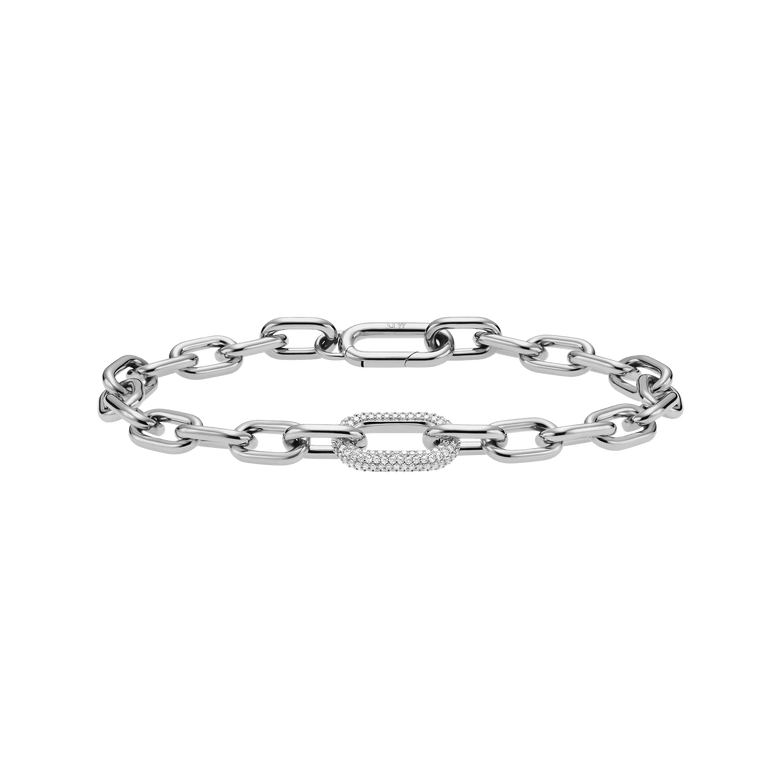 Chunky silver chain bracelet featuring a crystal-embellished link, crafted from stainless steel and rhodium plated brass for a contemporary and refined look.