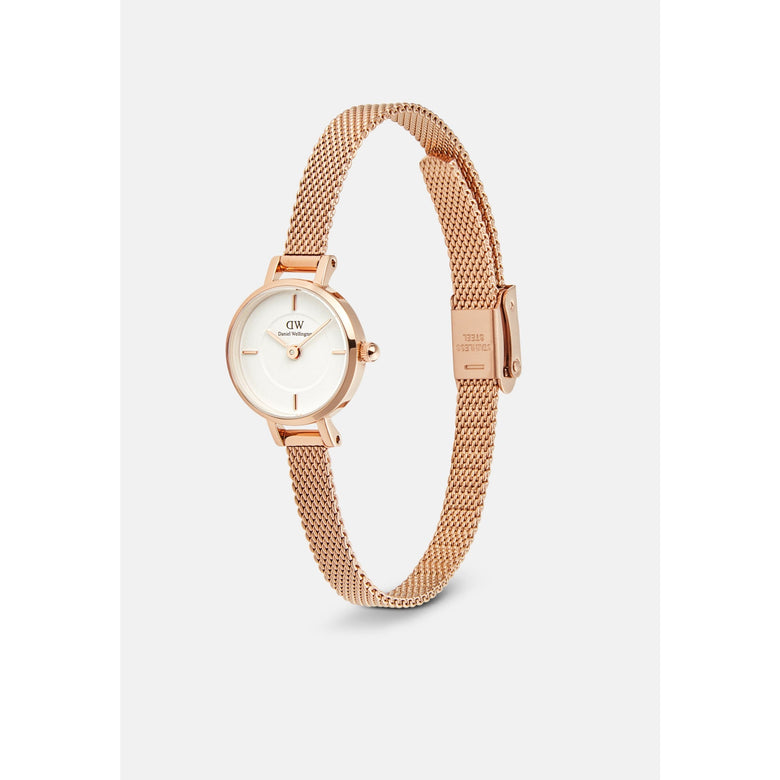 Petite Mini Melrose ladies watch featuring a petite 19mm round white dial and a rose gold mesh strap with an adjustable clasp, shown at an angle to highlight its slim and elegant design.