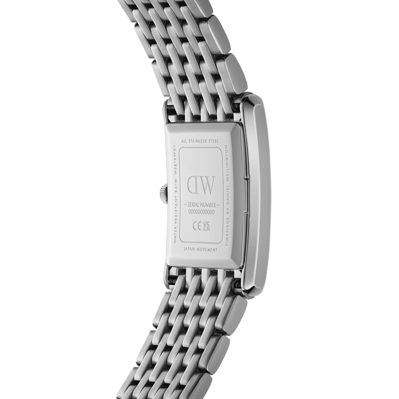 Rectangular stainless steel case and five-link silver strap of the Quadro Roman Numerals 5-Link Silver watch, showing the engraved back with Japanese movement details and water resistance marking.