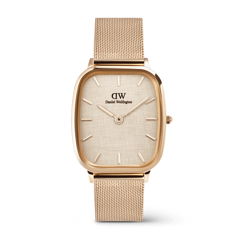 Men’s Marlon Melrose Linen watch featuring a cushion-shaped rose gold stainless steel case, linen-textured dial, minimalist hour markers, and a matching rose gold mesh strap with clasp buckle.