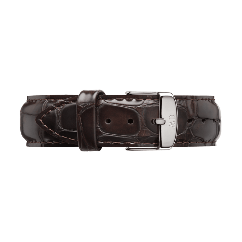 York Strap Silver brown leather watch strap with a glossy crocodile-embossed finish, polished silver buckle, and sturdy stitching, designed for a sophisticated and comfortable fit.
