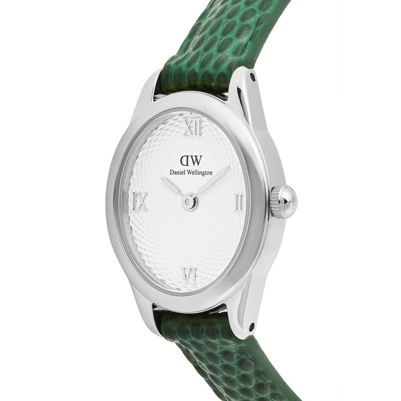 Close-up of the Daniel Wellington Ophelia Mini Green Lizard White Guilloché Silver watch, showing the textured white guilloché dial with Roman numerals and a green lizard-embossed leather strap.
