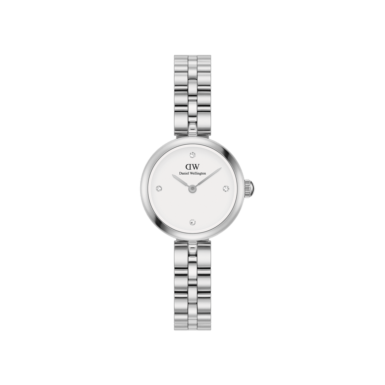 Elan Lumine Silver ladies watch with a petite 22mm stainless steel case, minimalist white dial, crystal markers, and a classic three-link silver bracelet.