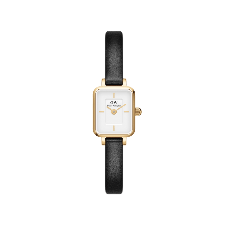 Quadro Mini Sheffield Gold ladies watch featuring a petite rectangular gold-tone case, minimalist white dial, and slim black genuine leather strap, ideal for everyday wear and versatile styling.