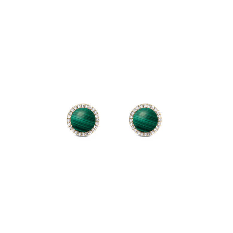 Pair of Audrey Earrings Malachite Gold featuring round green malachite centres framed by a halo of white cubic zirconia crystals in gold-plated settings, displayed against a plain background.