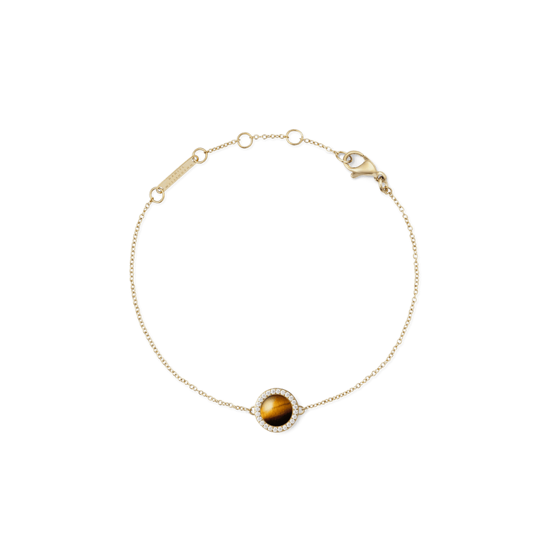 Delicate gold bracelet featuring a central tiger eye stone framed by a halo of white cubic zirconia, with an adjustable fine chain and secure lobster clasp.