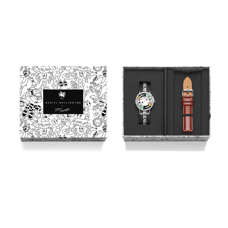 Steven Harrington x Daniel Wellington limited edition watch set presented in collectible packaging, featuring a multicolour printed dial with a black and white illustrated NATO strap and an additional brown leather strap.
