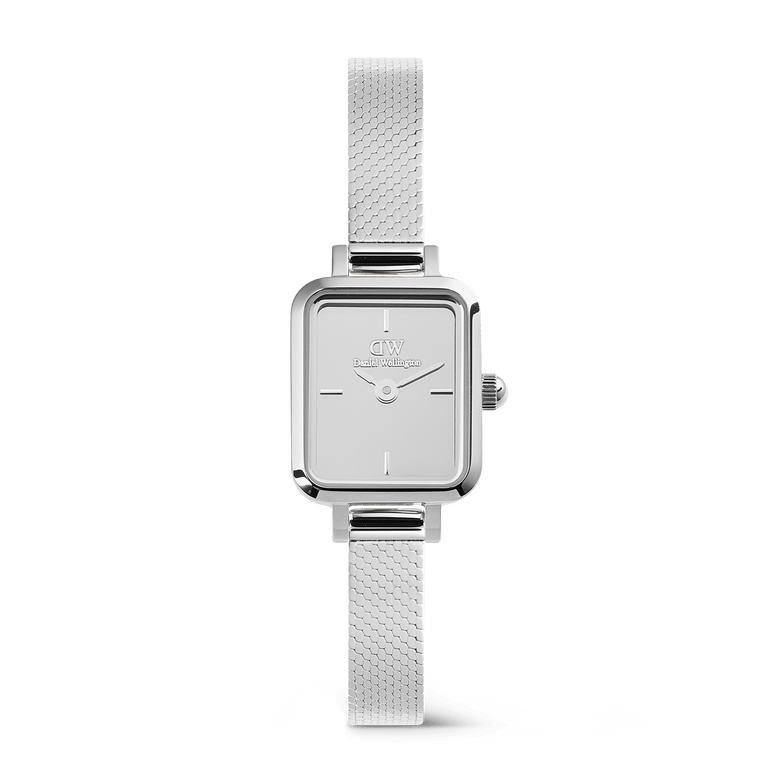 Quadro Mini Reflection Silver ladies watch with a slim rectangular case, polished silver mesh strap, and minimalist mirror-effect dial, designed for a refined and modern look.