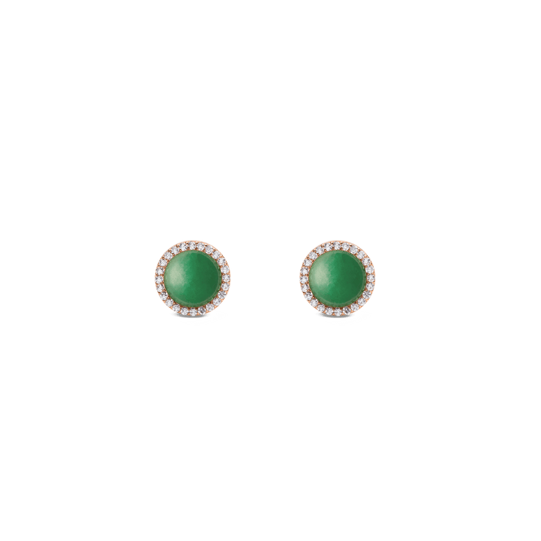 A pair of Daniel Wellington Audrey Earrings Jade Rose Gold featuring round green jade centres, each surrounded by a halo of sparkling white cubic zirconia set in rose gold.