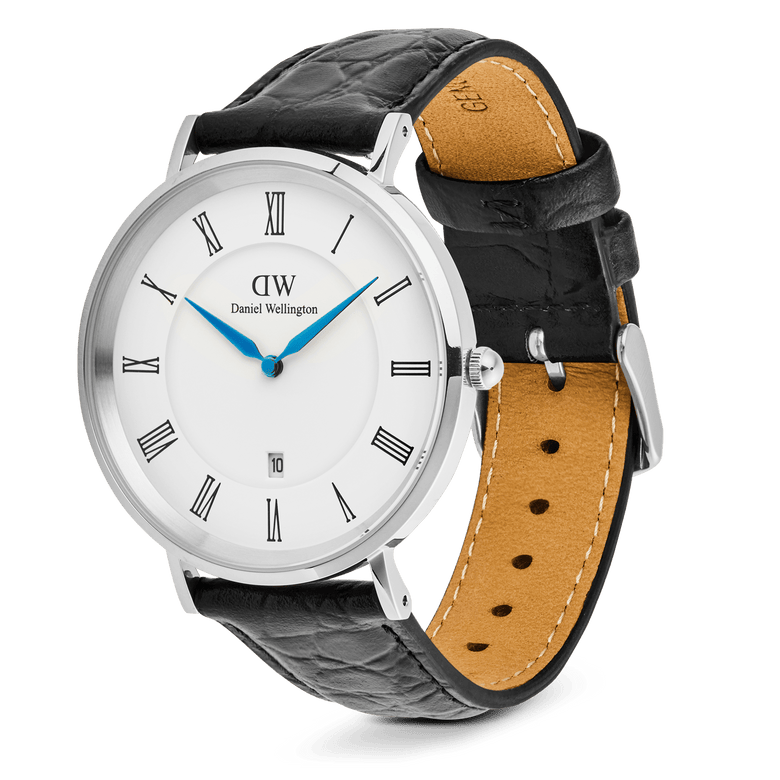 Classic Roman Numerals Date Black Croc Belly Silver watch with a polished silver case, white dial, black Roman numerals, blue hands, and a black croc-embossed genuine leather strap with a pin buckle closure.