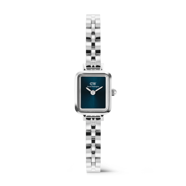 Quadro Mini Arch 3-link Arctic Sunray Silver ladies watch featuring a petite rectangular case, polished silver three-link bracelet, and a minimalist blue dial.