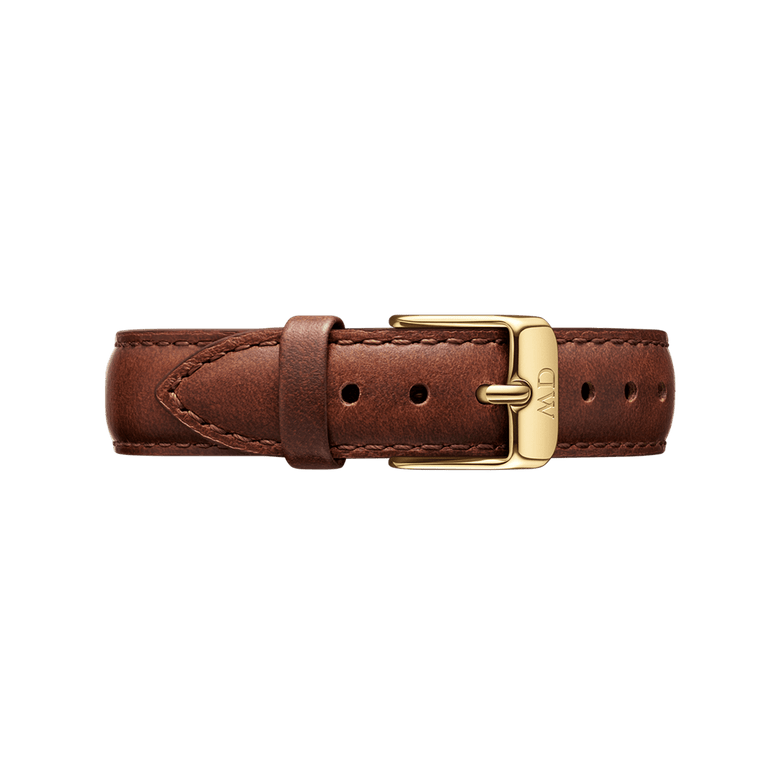 St Mawes Strap Gold in brown genuine leather with precise stitching and a polished gold buckle, ideal as a stylish and comfortable replacement strap for Daniel Wellington watches.