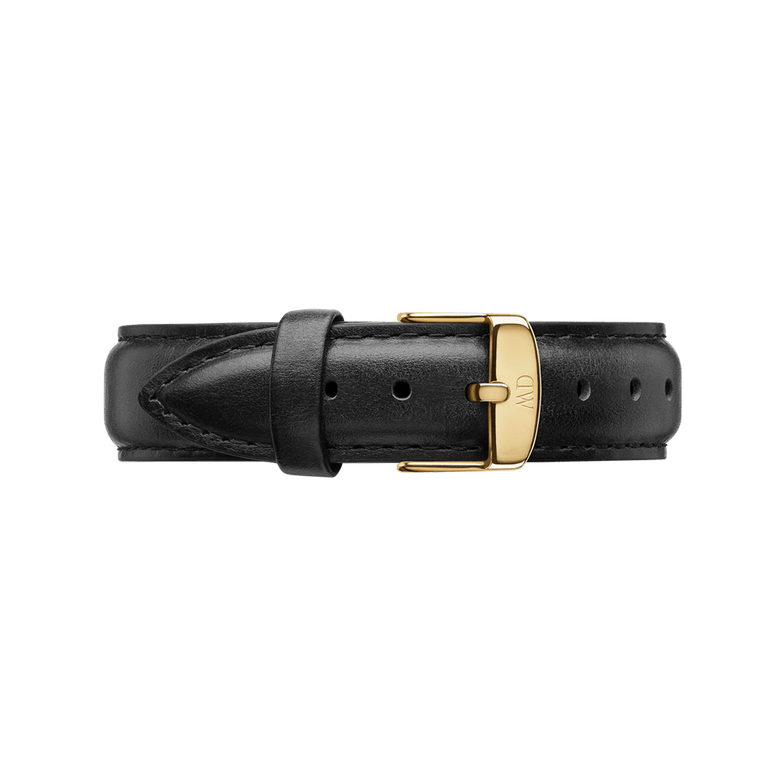 Black Sheffield Strap Gold leather watch strap with smooth texture, neat black stitching, and a gold buckle, designed for a comfortable and elegant upgrade to your timepiece.