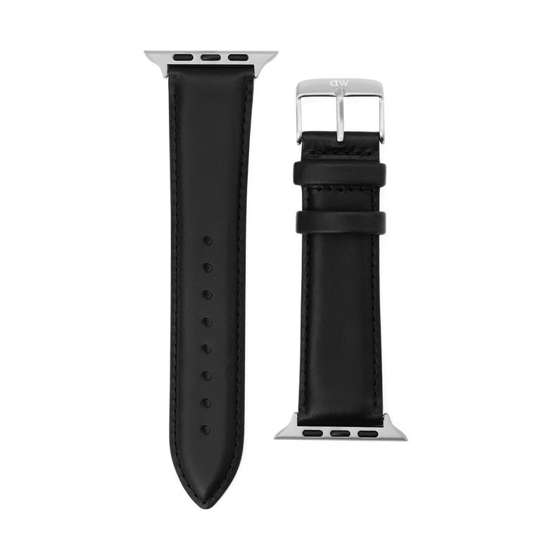 Smartwatch Leather Strap Sheffield Silver for Apple Watch Ultra, featuring smooth black Sheffield leather, subtle stitching, and a polished silver pin buckle with stainless steel hardware, shown with both strap sections and connector fittings.