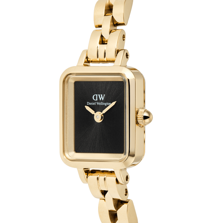 Close-up of the Quadro Mini Arch 3-link Onyx Sunray Gold ladies watch, showing its rectangular gold case, minimalist black dial, and polished gold-plated stainless steel bracelet.
