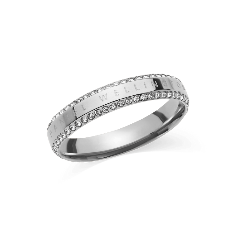 Classic Aura Duo Ring Silver featuring a polished silver band with two rows of sparkling cubic zirconia crystals and engraved branding, designed for modern elegance and everyday versatility.