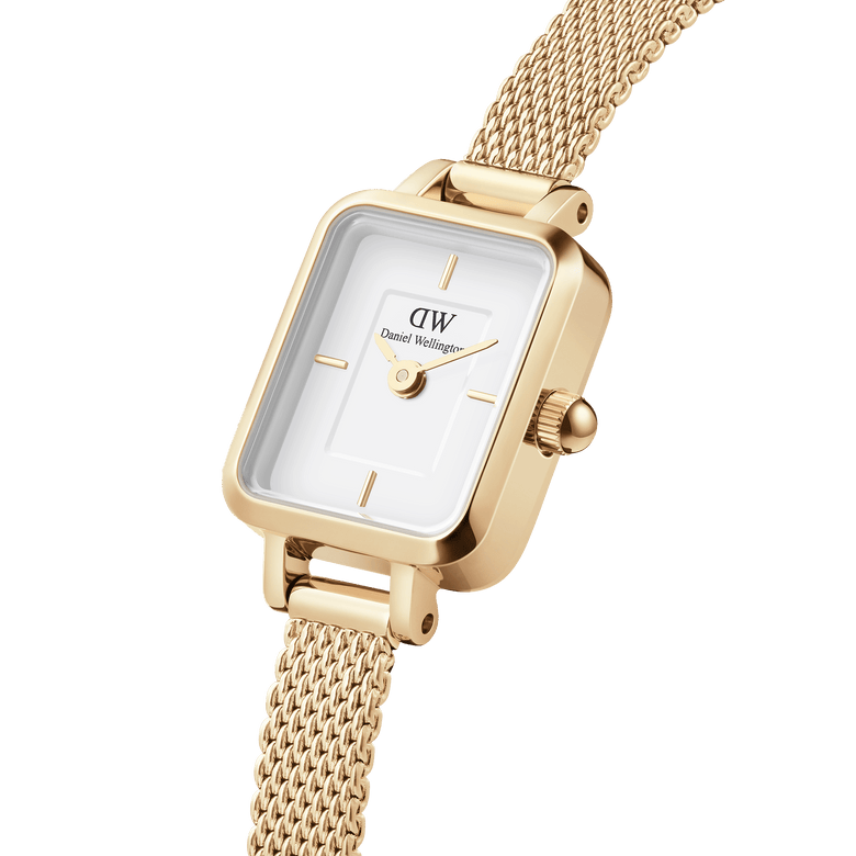 Quadro Mini Evergold gold watch for women with a rectangular case, white dial, and fine gold mesh strap, featuring minimalist hour markers and a modern, elegant design.