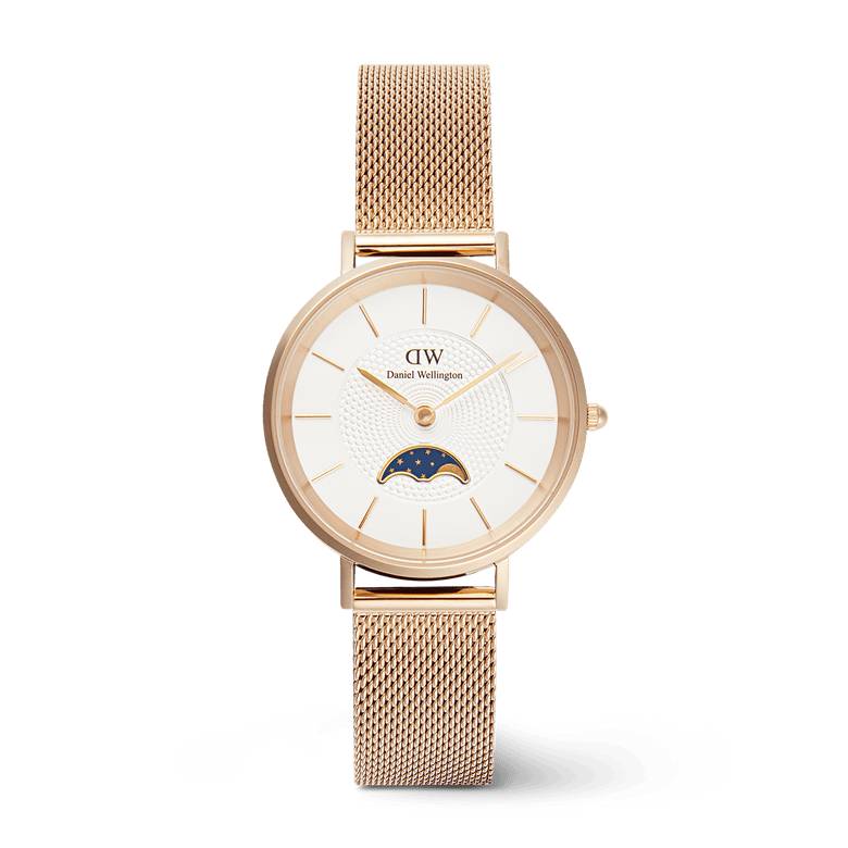 Rose gold Petite Lune Melrose ladies watch with a mesh strap, white dial, and moon-phase sub-dial, featuring elegant proportions and a refined finish suitable for both formal and casual wear.
