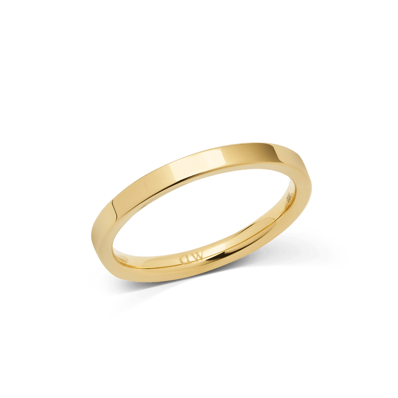 Slim gold band ring with a polished finish and clean lines, crafted from stainless steel with PVD gold plating, featuring a minimalist 2.5mm width.