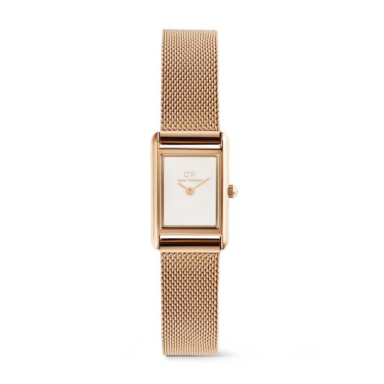 Bound Mini Melrose rose gold watch featuring a petite rectangular case, crisp white dial, and a fine mesh strap crafted from stainless steel with a PVD rose gold finish.
