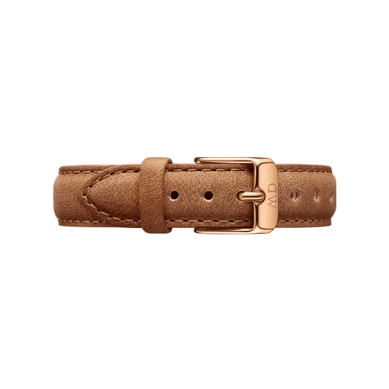 Durham Strap Rose Gold in light brown genuine leather with a smooth, vintage-inspired finish and a polished rose gold buckle, featuring detailed stitching and multiple holes for adjustable sizing.