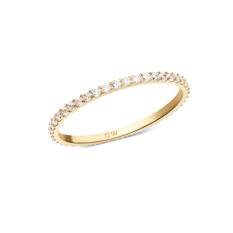 A slim gold Mirelle Eternity Ring with a full circle of white cubic zirconia crystals, featuring a delicate 1.4 mm band and a polished finish.