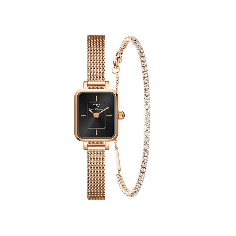 Rose gold Quadro Mini Melrose Onyx watch with a rectangular black dial and mesh strap, paired with a Classic Tennis Bracelet featuring a row of clear stones for a refined, contemporary jewellery set.