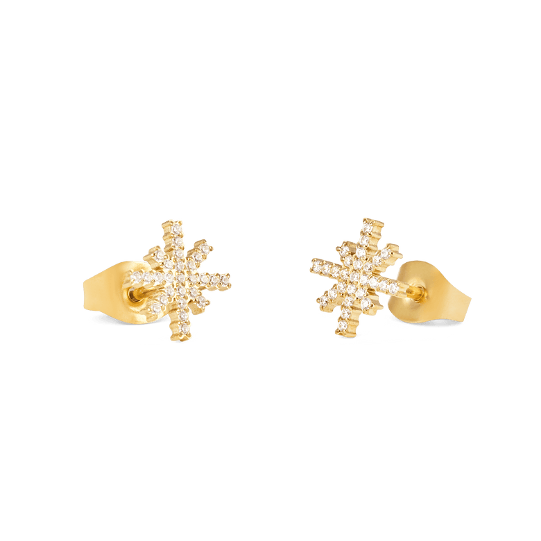 Mirelle Star Earring Gold stud earrings with starburst shapes, white cubic zirconia crystals, and polished gold butterfly backs, shown in a close-up view.