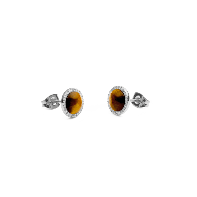 Audrey Earrings Tiger Eye Silver shown from a side angle, highlighting the domed tiger eye stones set in polished silver with a halo of white cubic zirconia and secure stud backs.